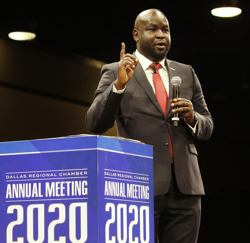 John Olajide gives his inaugural address as chairman of the Dallas Regional Chamber at its...