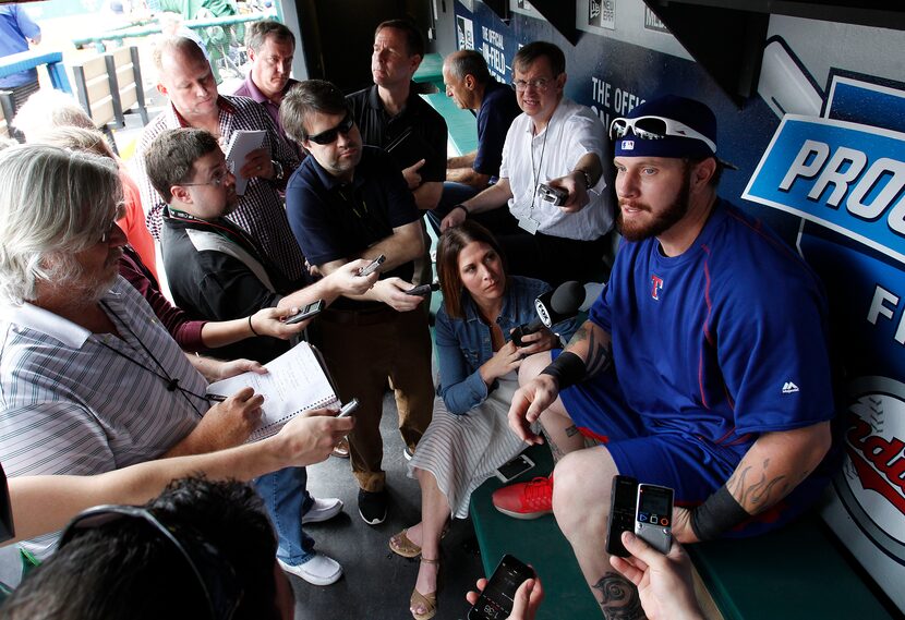 Texas Rangers' Josh Hamilton talks to the media prior to the Rangers baseball game against...