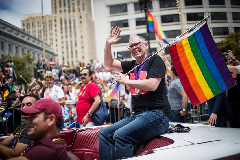 SAN FRANCISCO, CA- JUNE 28:  Supreme Court plaintiff Jim Obergefell rides in a convertible...