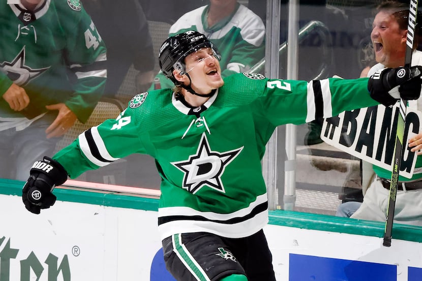 Dallas Stars center Roope Hintz (24) cl;elbrates his third goal of the game during the third...