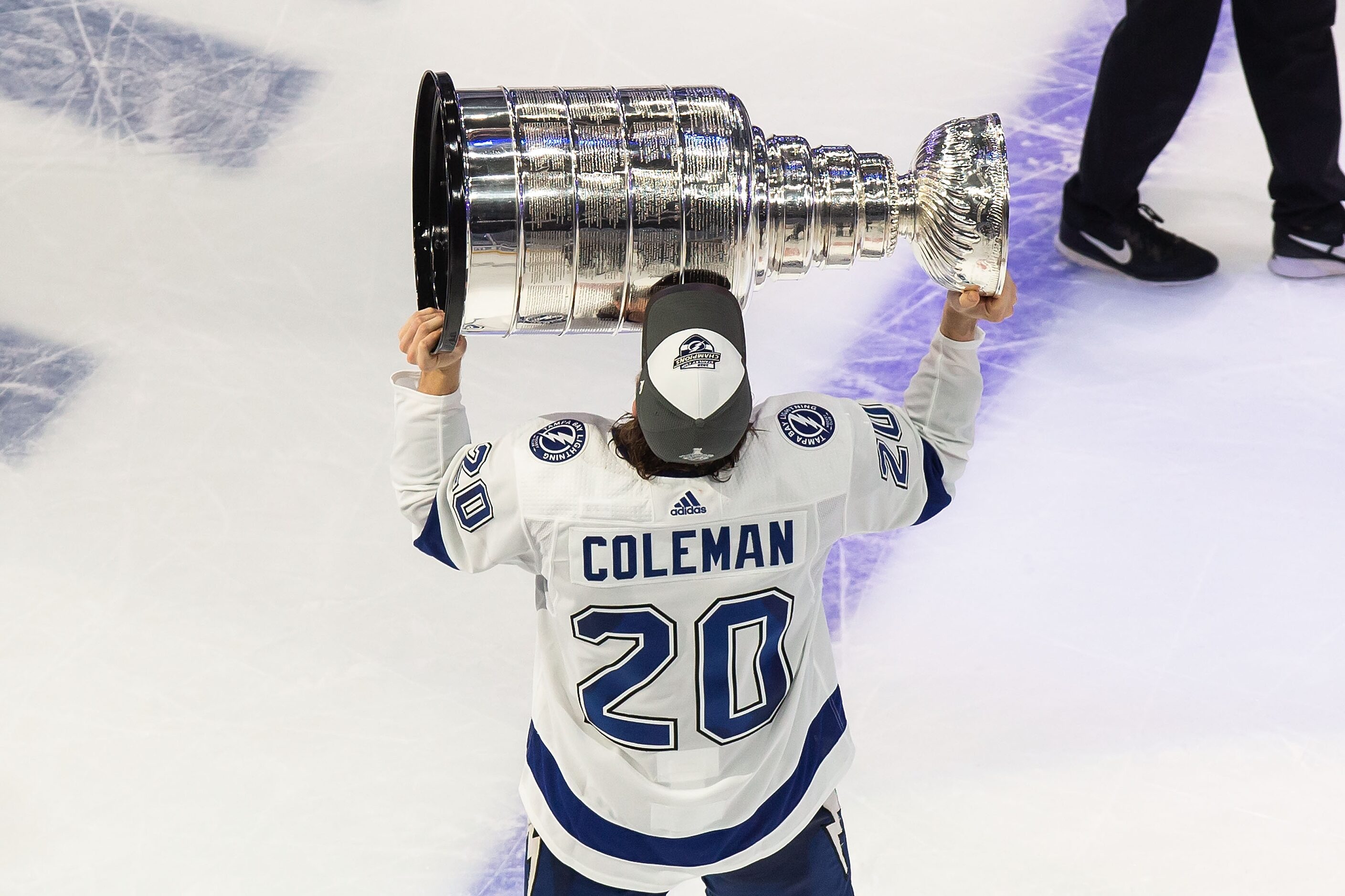 Blake Coleman (20) of the Tampa Bay Lightning hoists the Stanley Cup after defeating the...