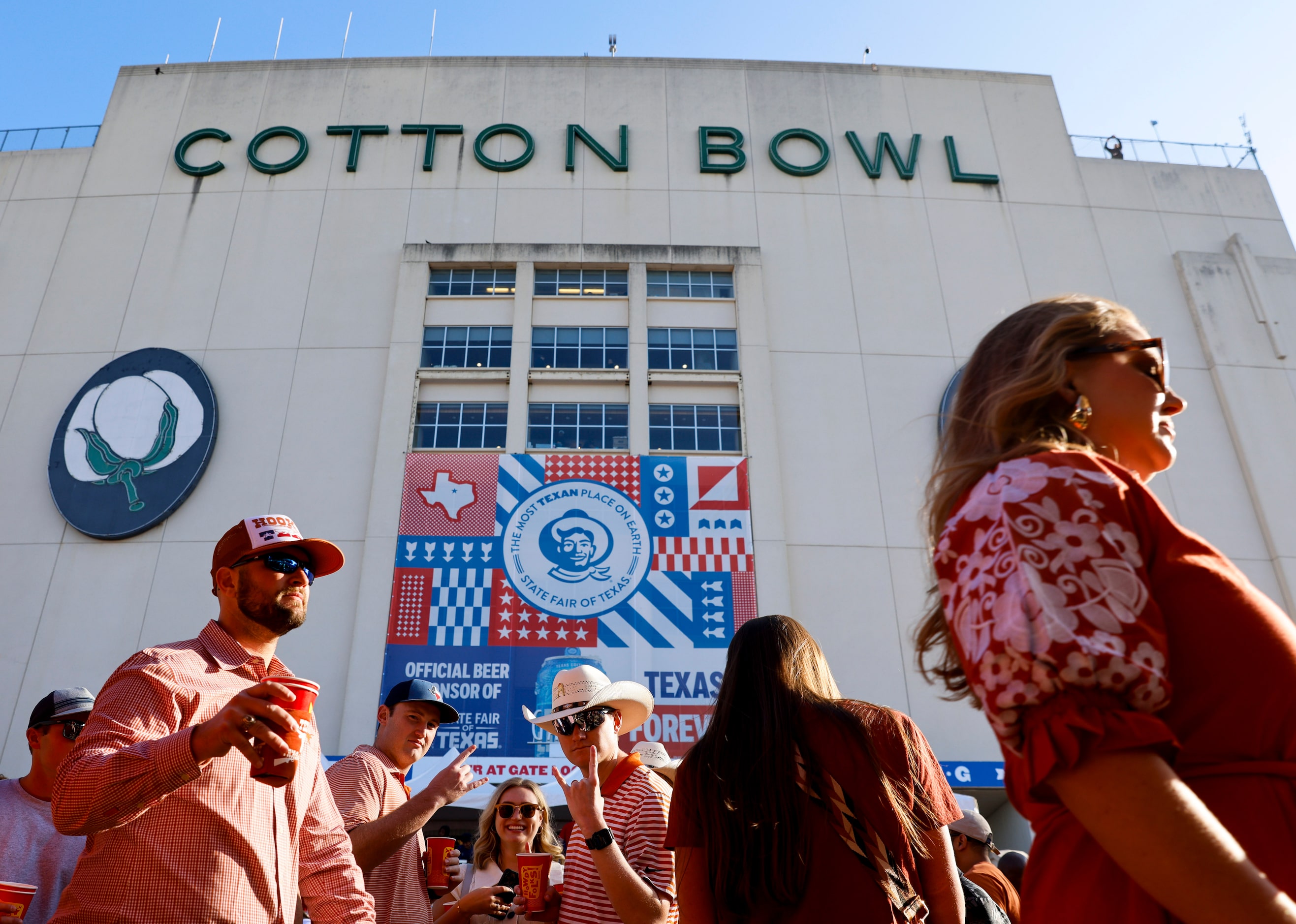 Fans gather ahead of the Red River Showdown outside of the Cotton Bowl for ESPN Game Day, on...