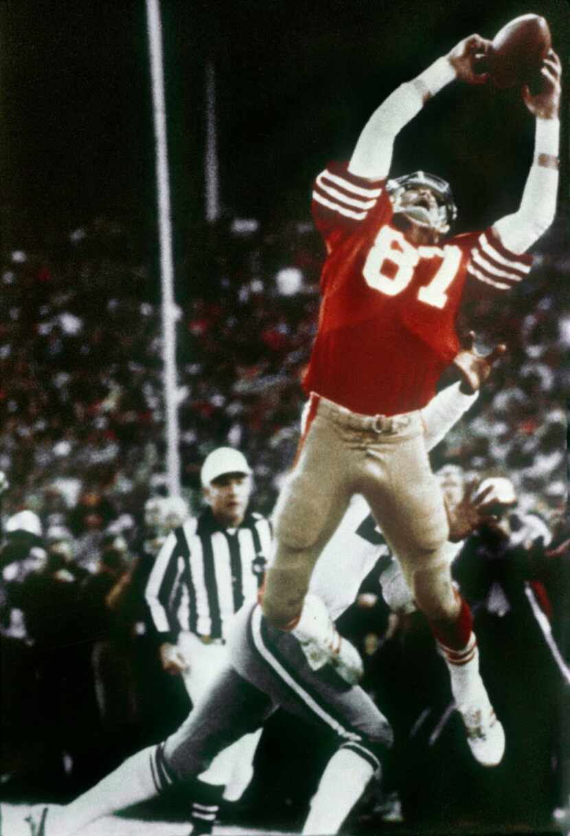 FILE  - In this Jan. 10, 1982, file photo, San Francisco 49ers wide receiver Dwight Clark...