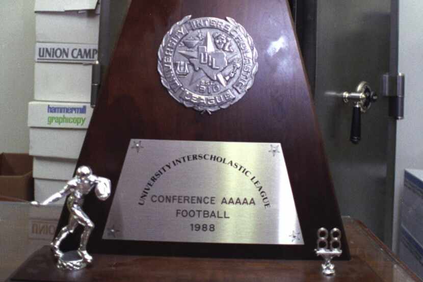 The trophy from Carter's 1988 Class 5A state football championship. 