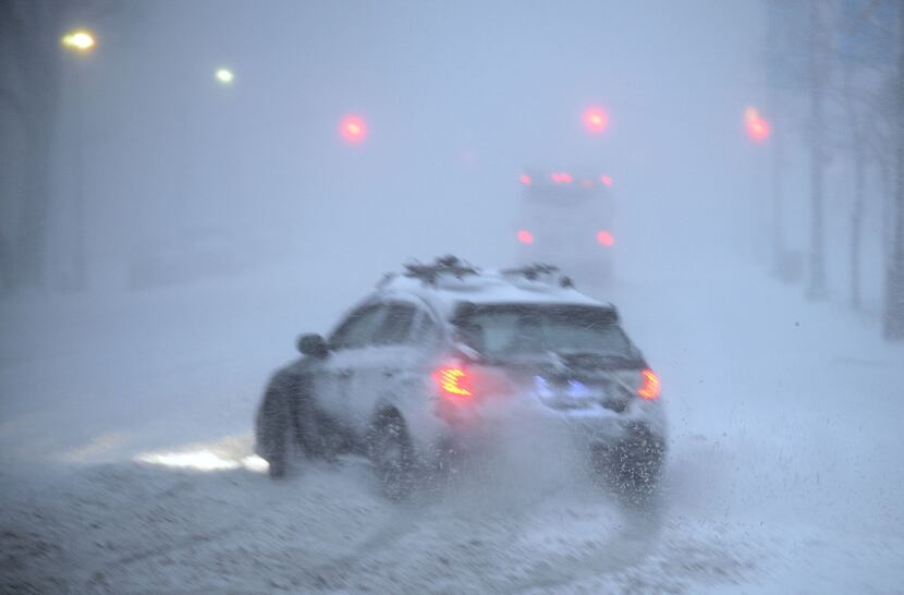  A car spins out of control on Central Park West Avenue during heavy snow fall on January...