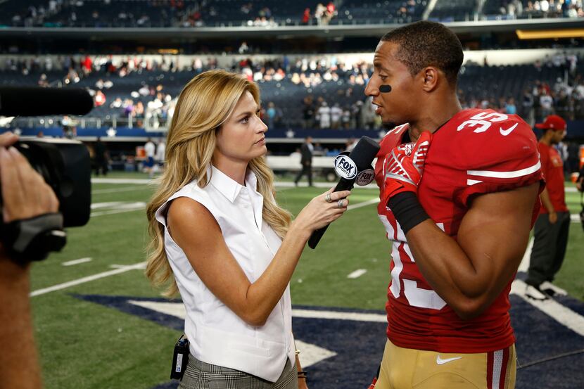 Fox's Erin Andrews interviews San Francisco 49ers free safety Eric Reid (35) during the...