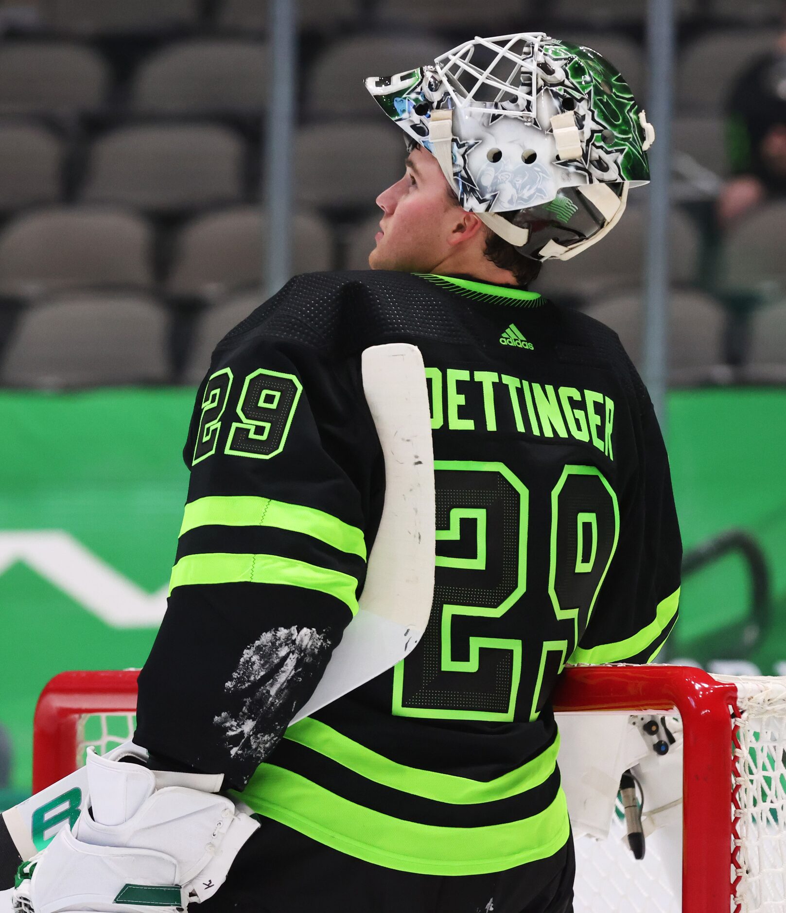 Dallas Stars goaltender Jake Oettinger (29) during a break in play against the Detroit Red...