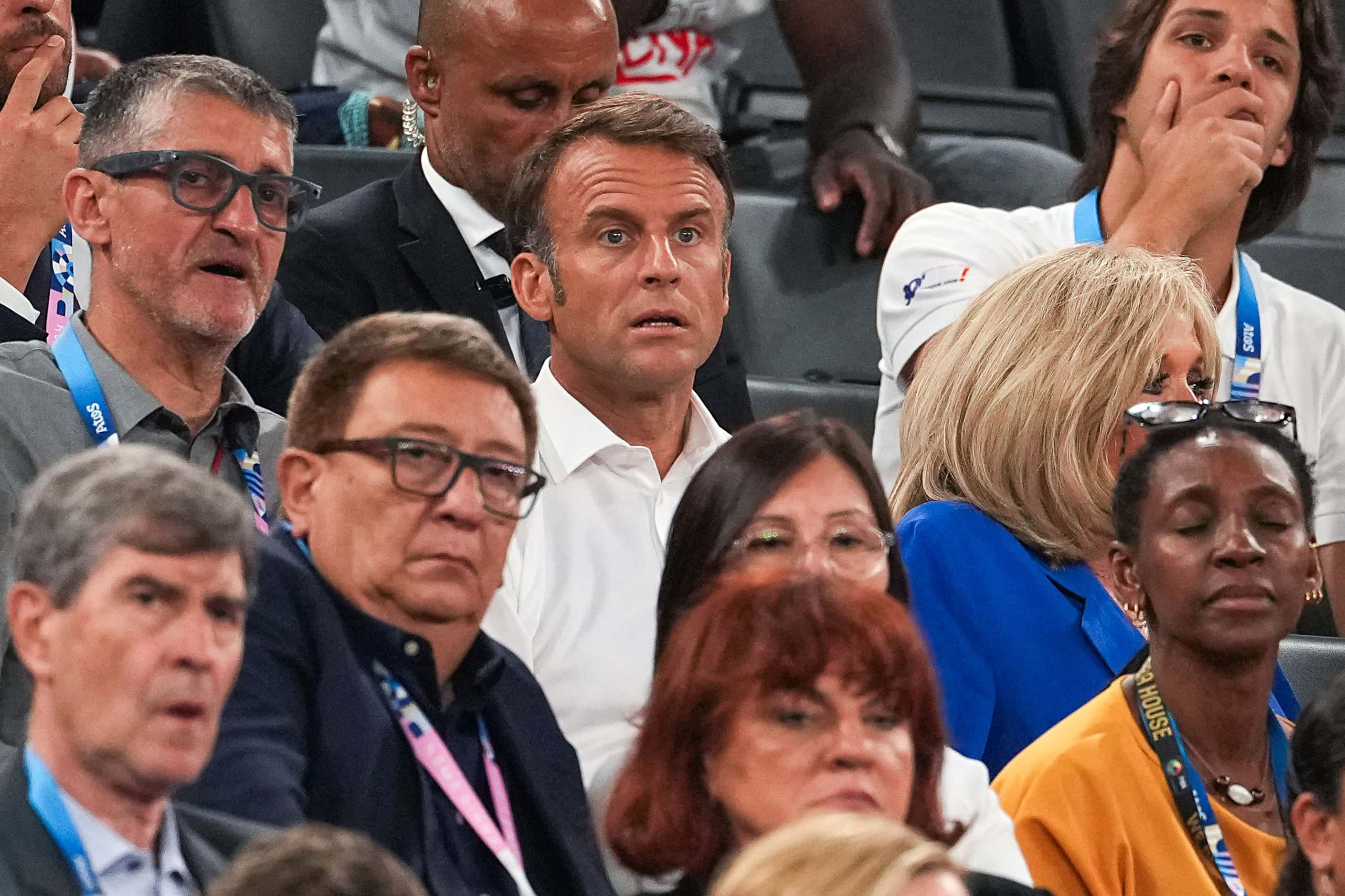 Emmanuel Macron, President of France, watches during the second half of the women’s gold...