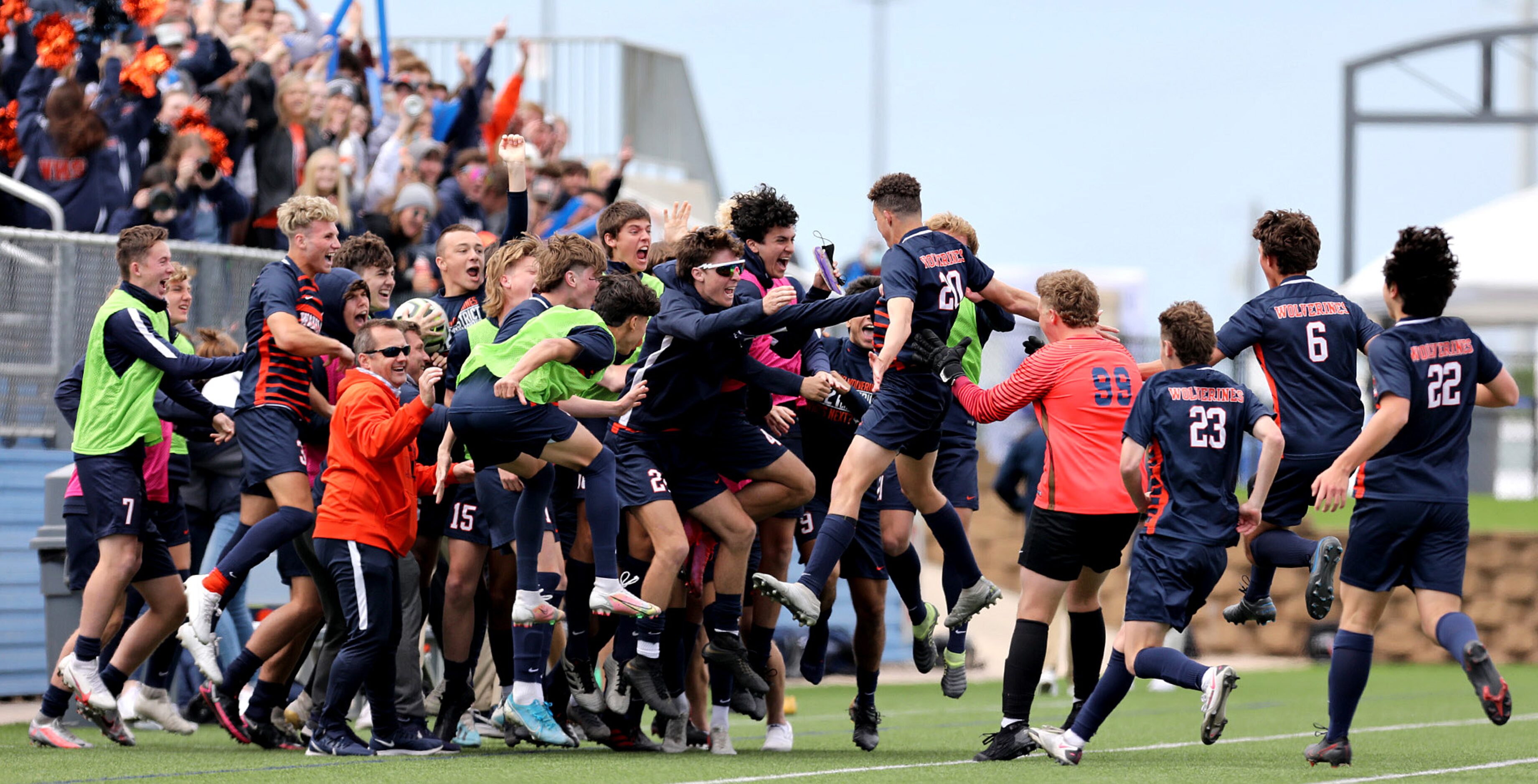 Frisco Wakeland's Micah Kelley (20) celebrates with teammates after scoring a goal against...