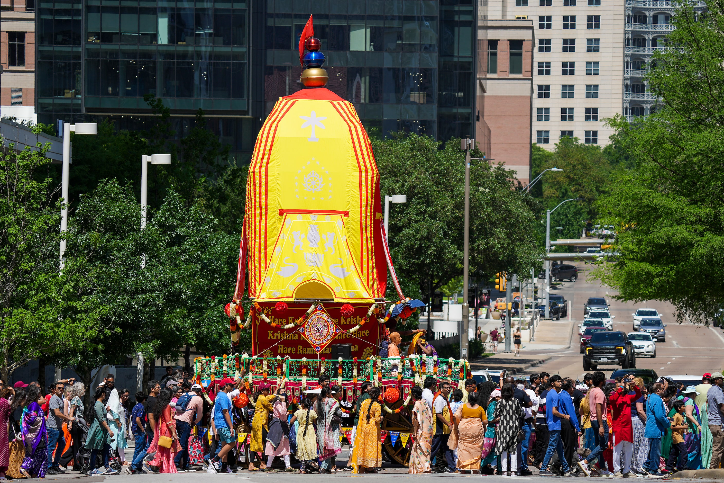 The  Ratha Yatra parade parade moves along Flora Street during the Festival of Joy on...