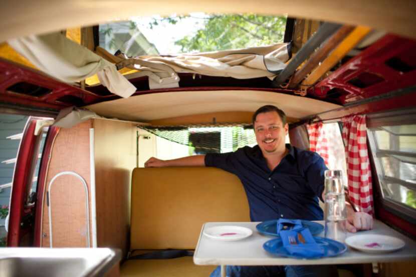 The roof of chef Tim Byres' 1969 Microbus pops up to form a mini-loft.