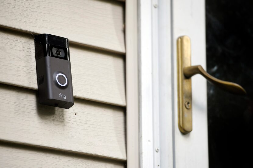 A Ring doorbell camera was seen installed outside a home in Wolcott, Conn., on July 16,...