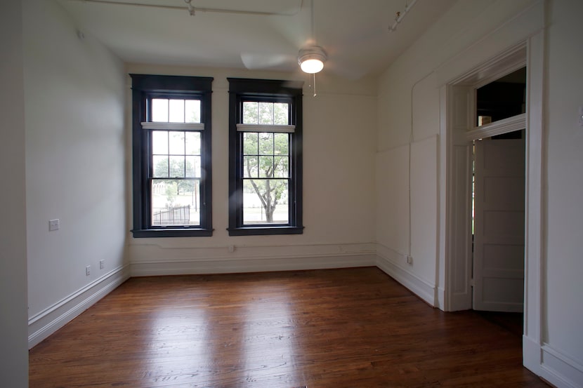 The bedroom in a one-bedroom unit in the old Davy Crockett School.