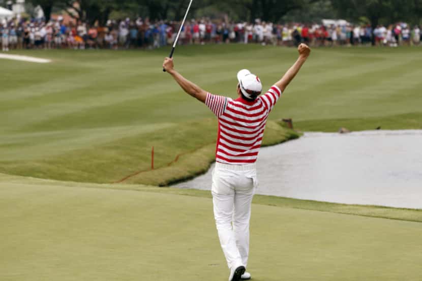 Sang-Moon Bae celebrates after winning in the final round of the Byron Nelson Championship...