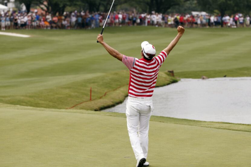 Sang-Moon Bae celebrates after winning in the final round of the Byron Nelson Championship...