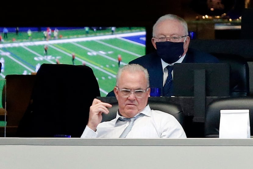 FILE - Cowboys owner Jerry Jones and executive vice president Stephen Jones watch the team...