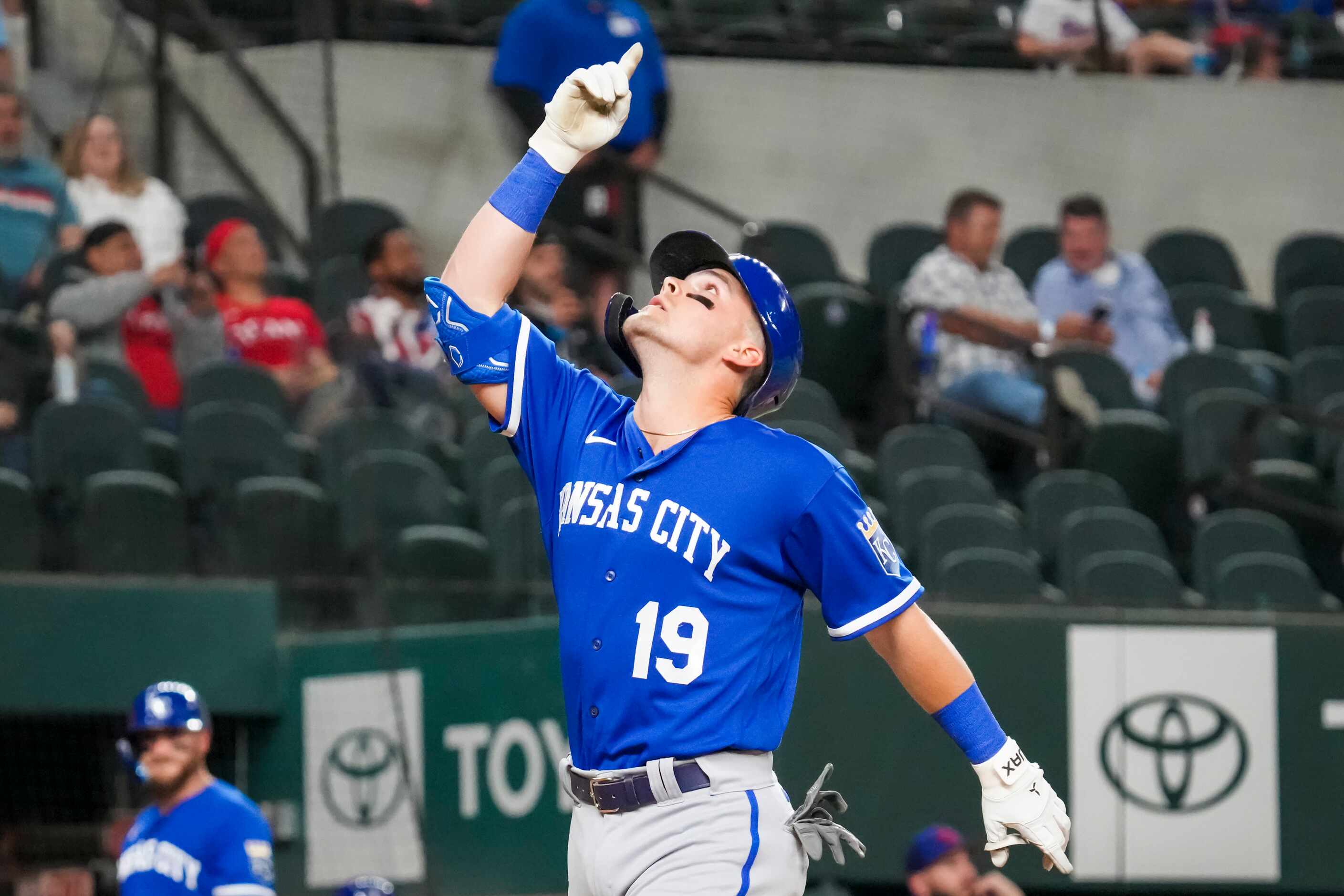 Kansas City Royals second baseman Michael Massey (19) celebrates after hitting a 2-run home...