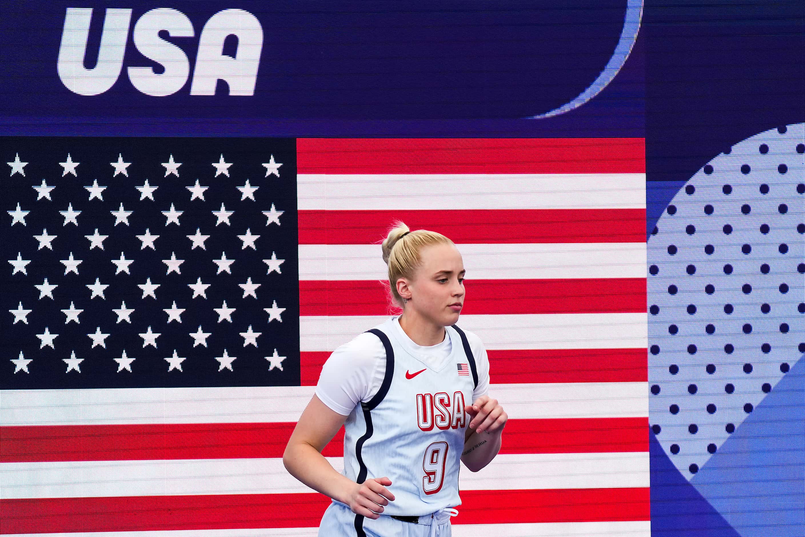 Hailey van Lith of the United States takes the court for women’s 3x3 basketball game against...