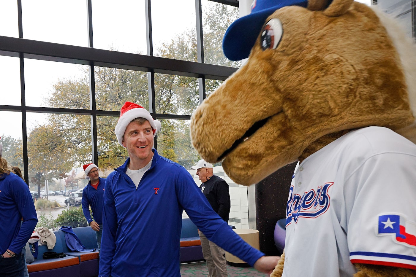 Texas Rangers pitcher Josh Sborz is seen with their mascot, Rangers Captain at Medical City...