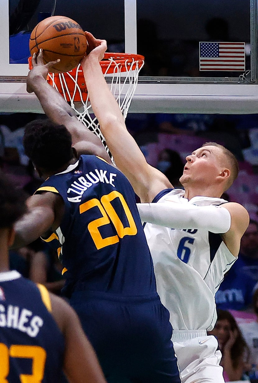 Dallas Mavericks center Kristaps Porzingis (6) blocks Utah Jazz center Udoka Azubuike's (20)...