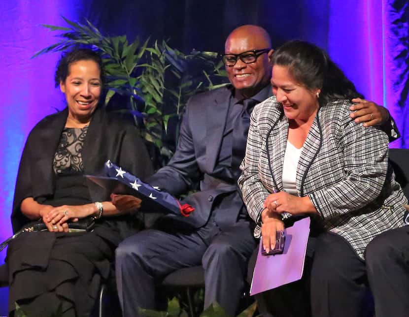 Monica Alonzo (right) shares a laugh with former Dallas Police Chief David O. Brown during...