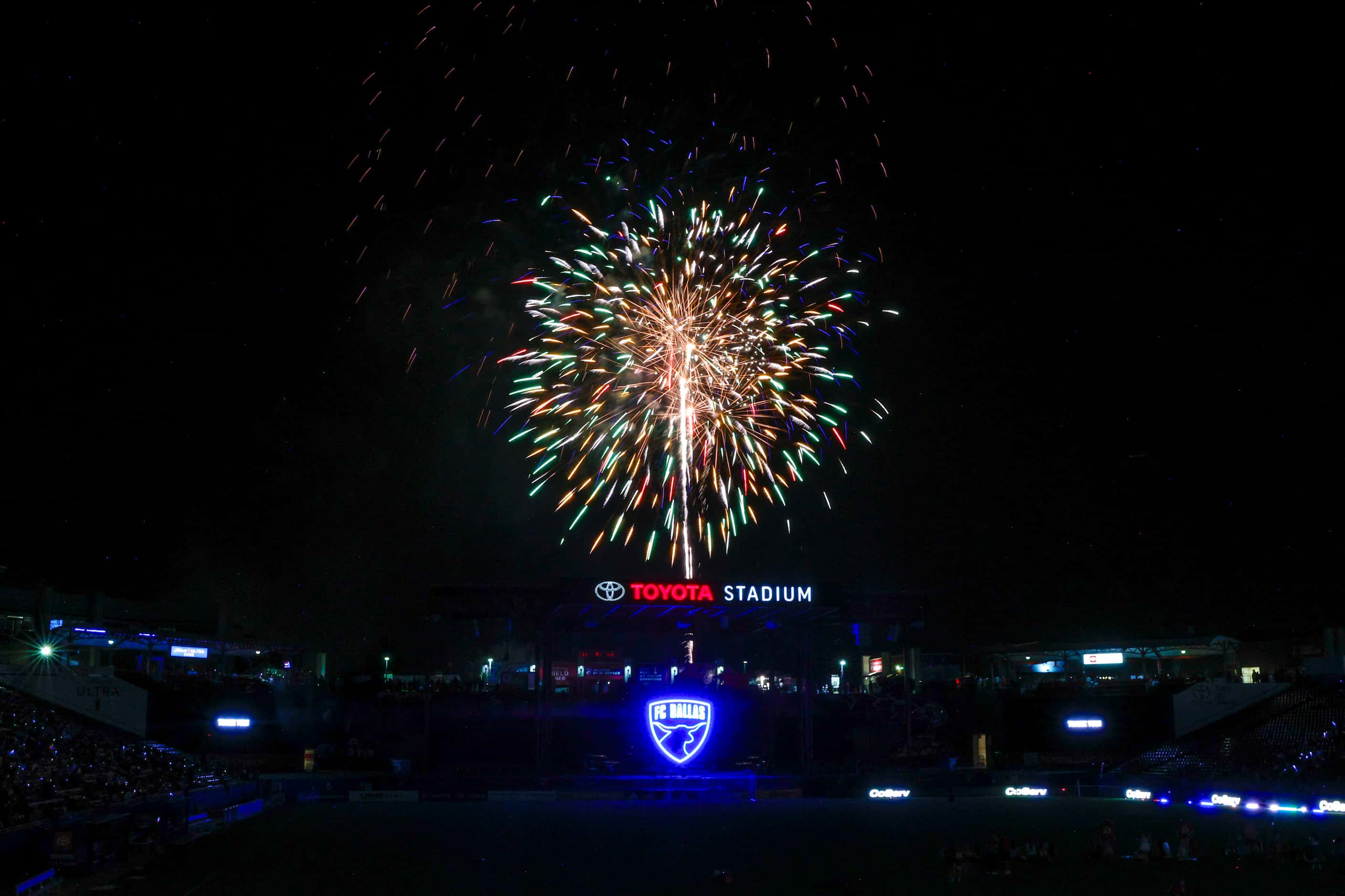 Fireworks erupt over Toyota Stadium after a soccer game between FC Dallas and D.C. United in...