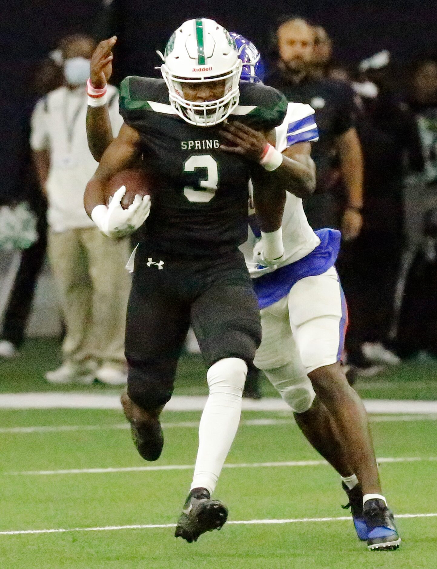 Spring High School wide receiver Cadyn Bradley (3) is brought down by Duncanville High...