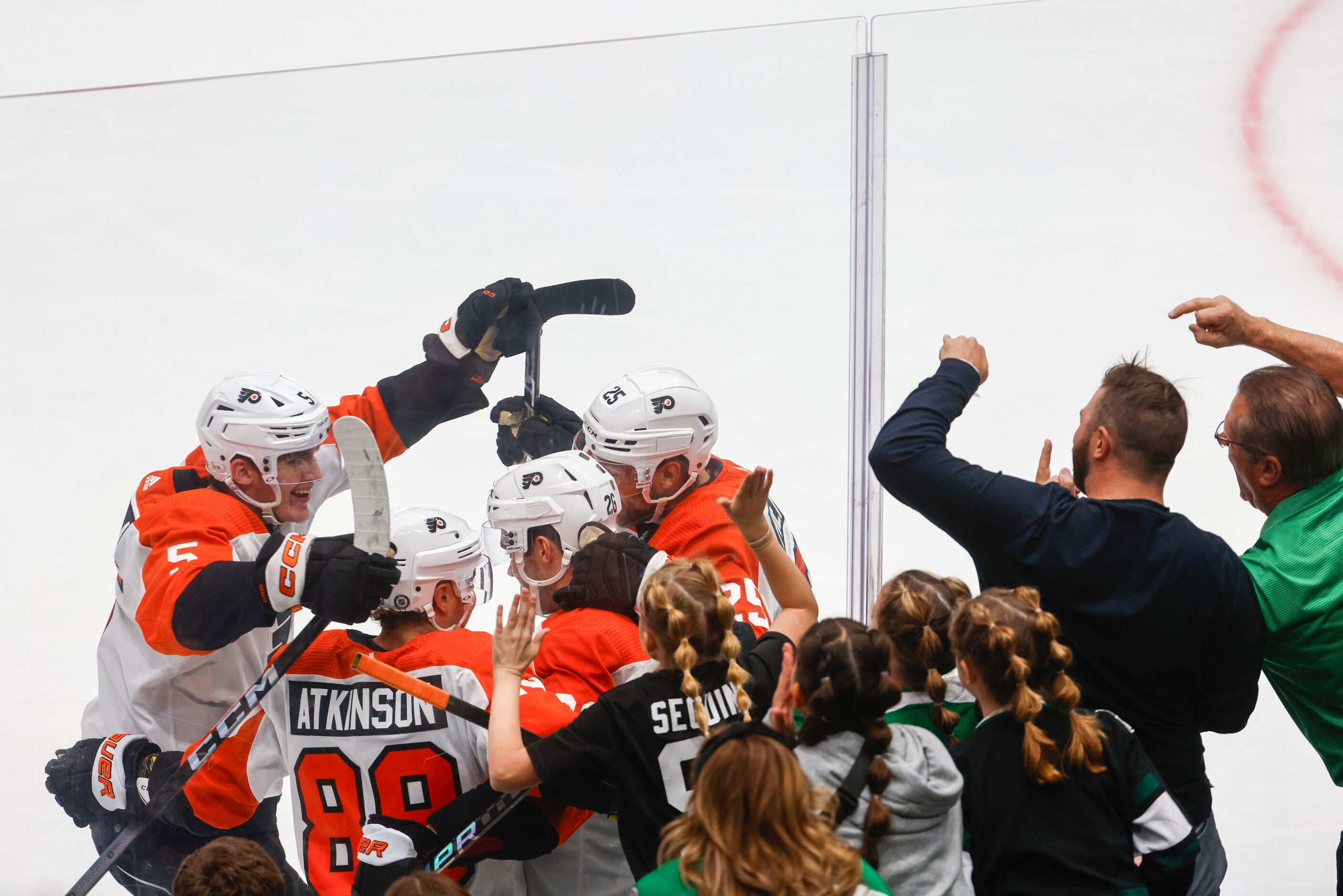 Philadelphia Flyers celebrate the goal of center Ryan Poehling during the third period of an...