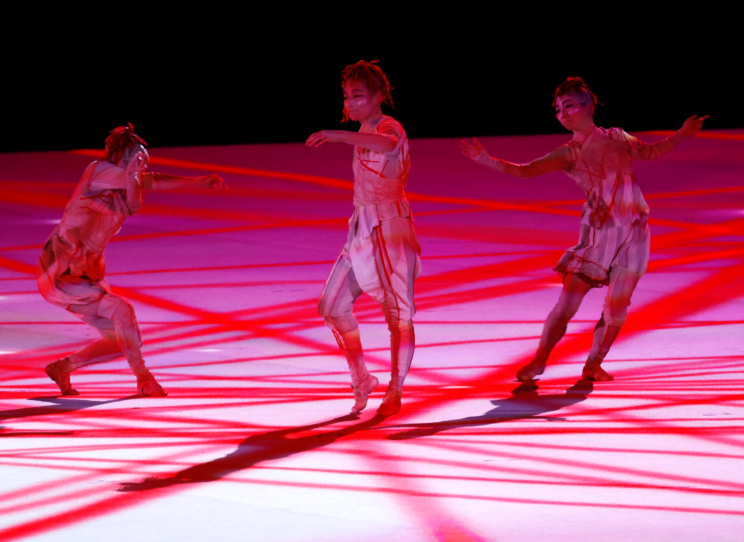 Entertainers performs during the opening ceremony for the postponed 2020 Tokyo Olympics at...