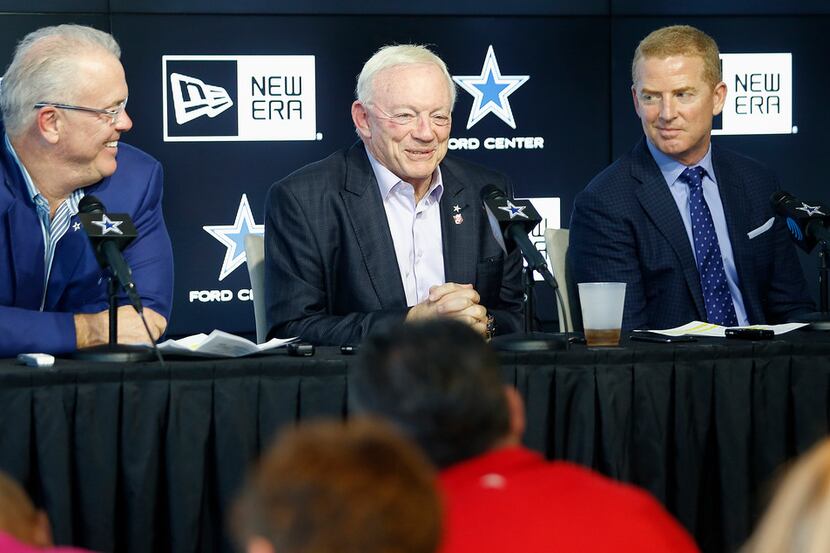 (Left to right) Stephen Jones, Jerry Jones, and Jason Garrett were available to the media as...