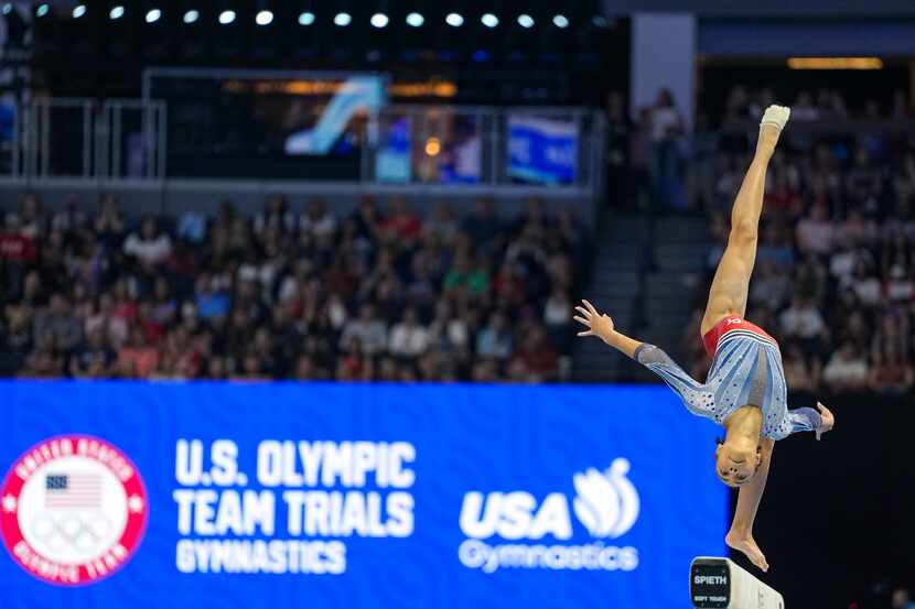 Hezly Rivera competes on the balance beam at the United States Gymnastics Olympic Trials on...