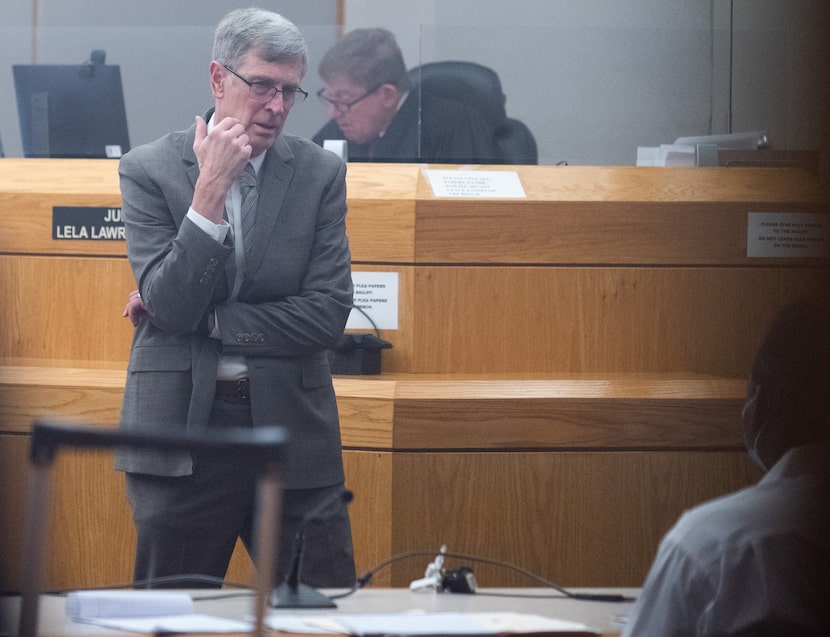 Defense attorney Gregg Long speaks during the trial, with Roger Allison shown at bottom right.