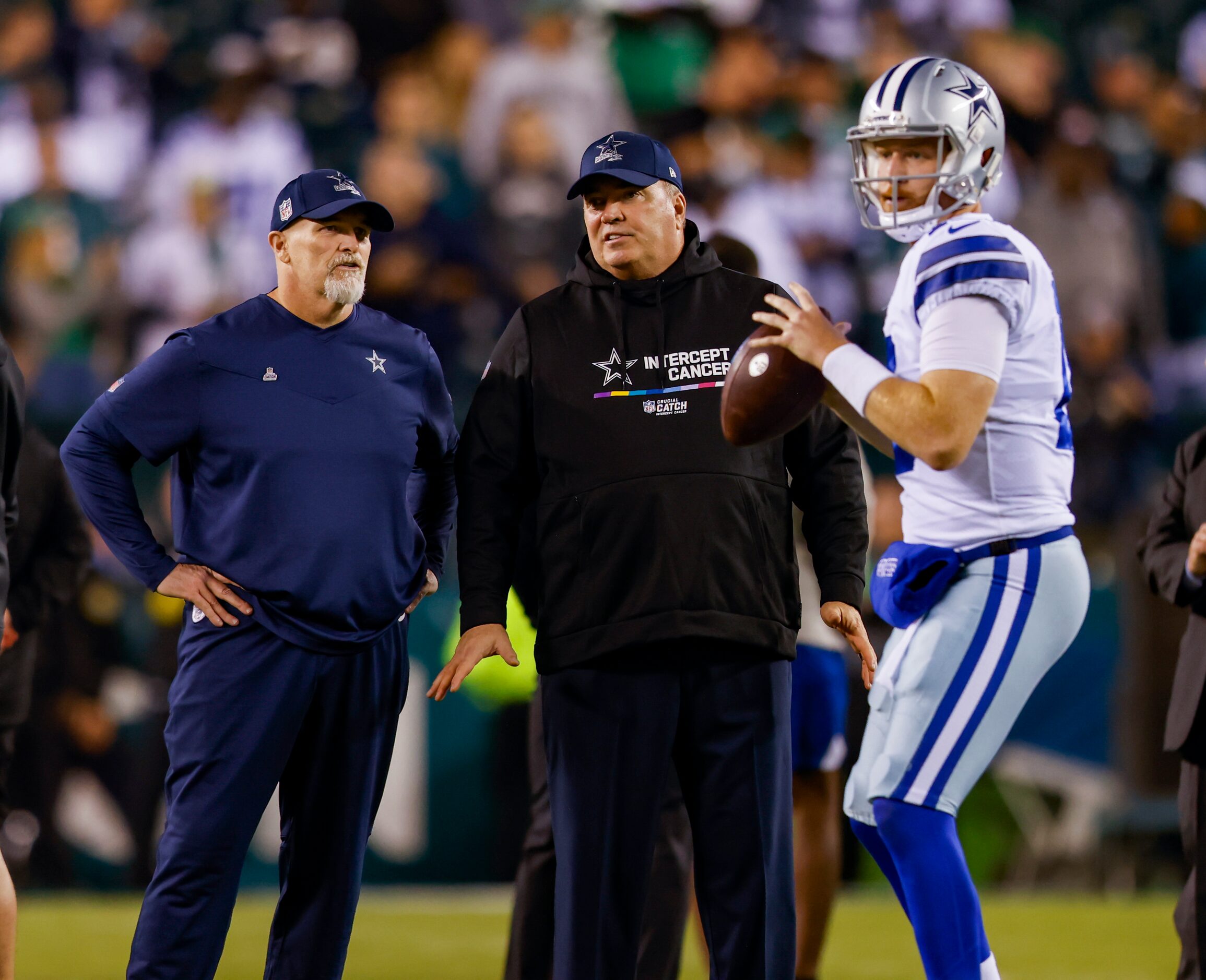 Dallas Cowboys head coach Mike McCarthy and defensive coordinator Dan Quinn watch as Dallas...