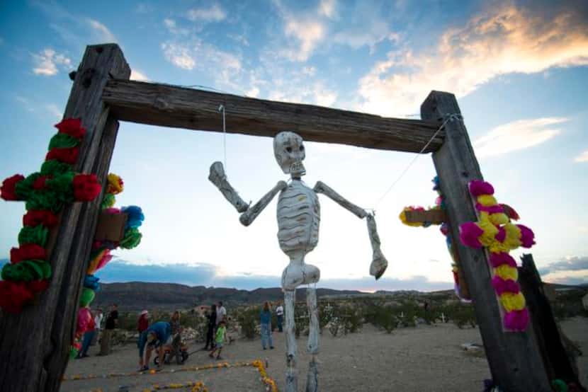 
A makeshift skeleton dangles from one of the entrances to the Terlingua Ghost Town cemetery...
