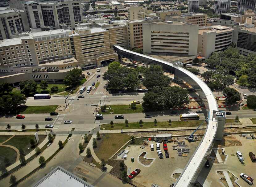 
As seen from the new Parkland Memorial Hospital, the Mike A. Myers skybridge, a pedestrian...
