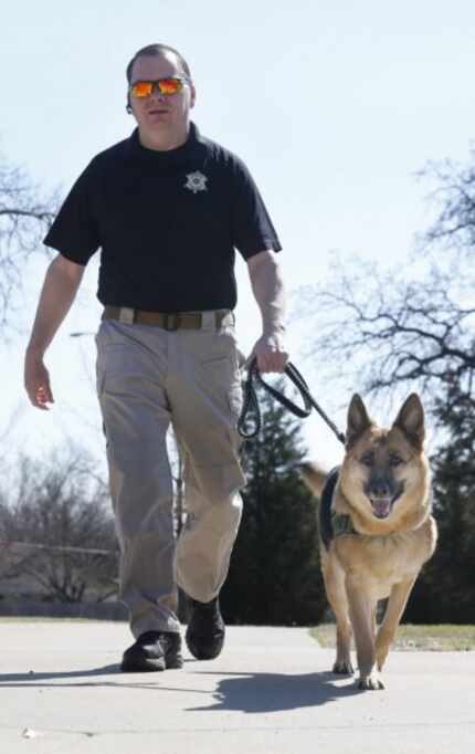  Jim Osorio of Canine Encounters Law Enforcement Training, with his German shepherd, Coral,Â...