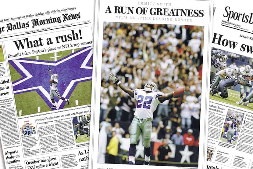 Front pages from The Dallas Morning News after Emmitt Smith broke Walter Payton's NFL...