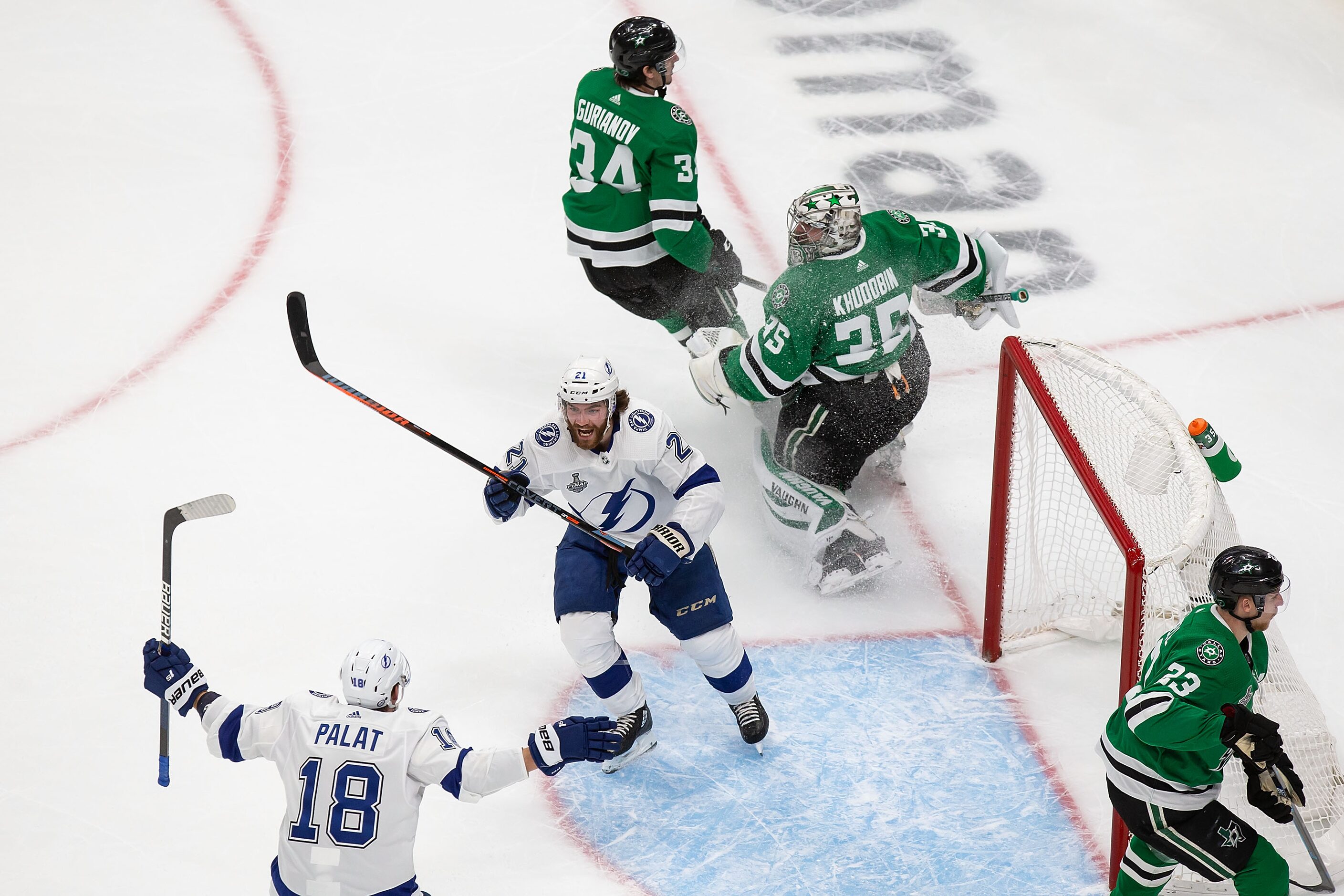 Denis Gurianov (34), goaltender Anton Khudobin (35) and Esa Lindell (23) of the Dallas Stars...