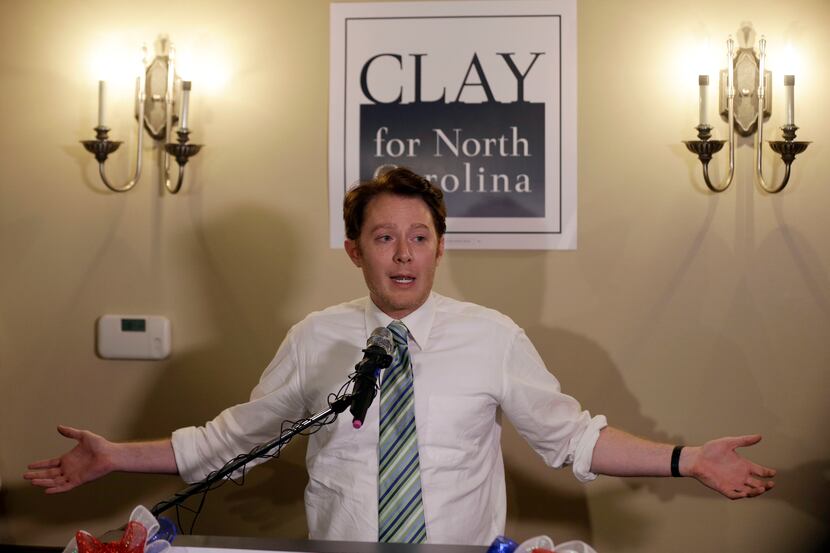 Clay Aiken speaks to supporters during an election night watch party in Holly Springs, N.C.,...