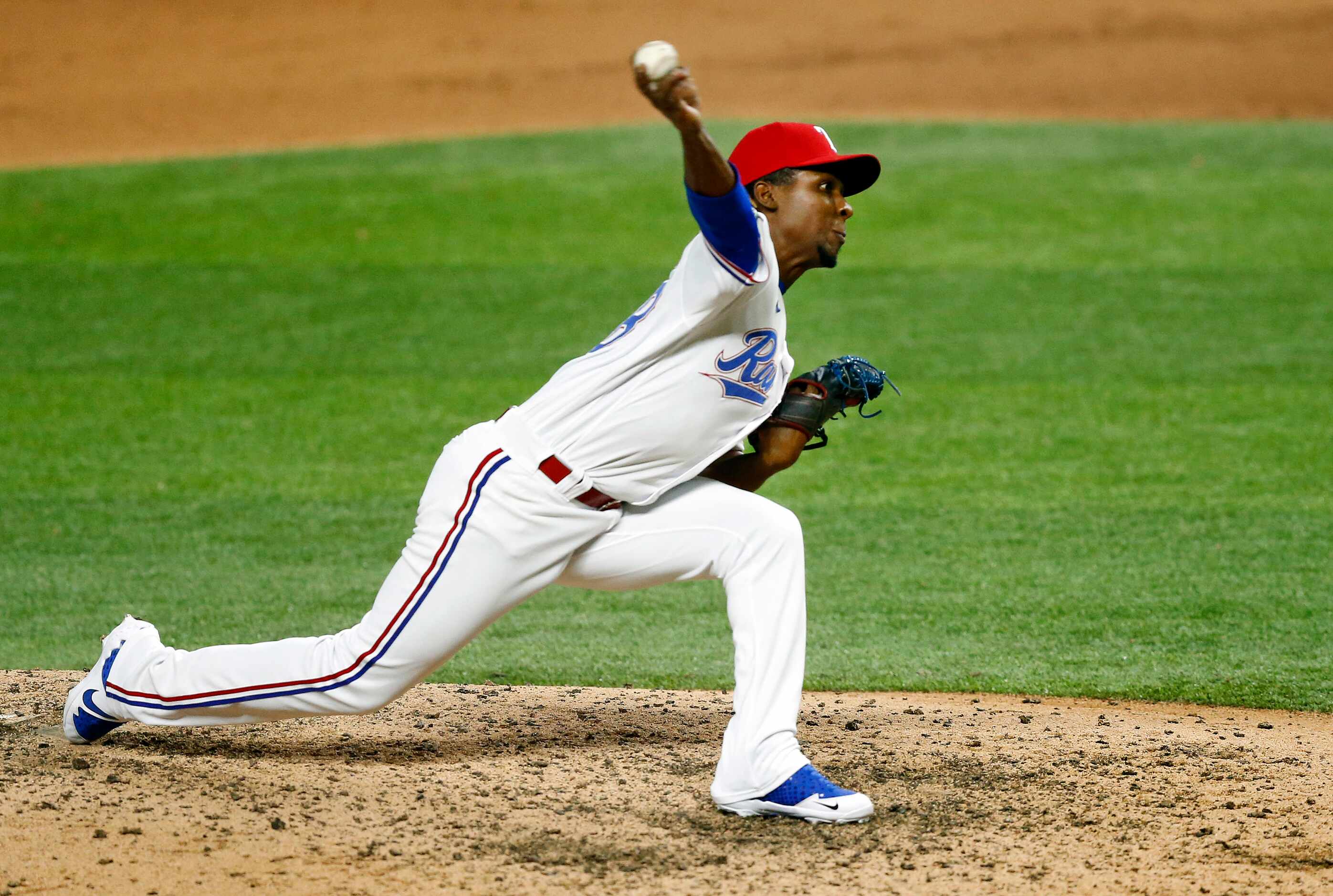 Texas Rangers relief pitcher Rafael Montero (48) throws in the ninth inning against the...