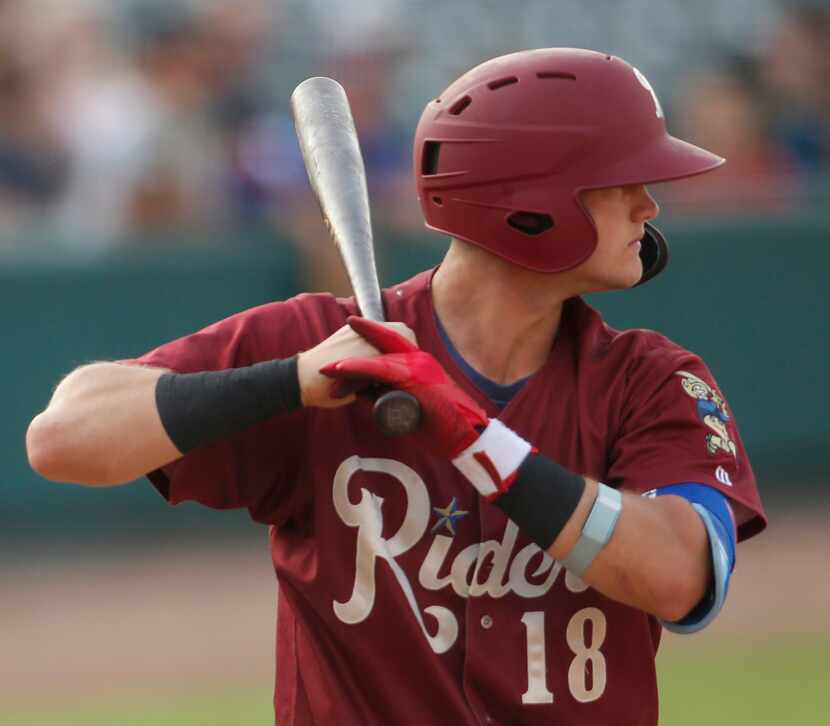 Frisco RoughRiders 3rd baseman Josh Jung (18) awaits a pitch during the bottom of the 2nd...