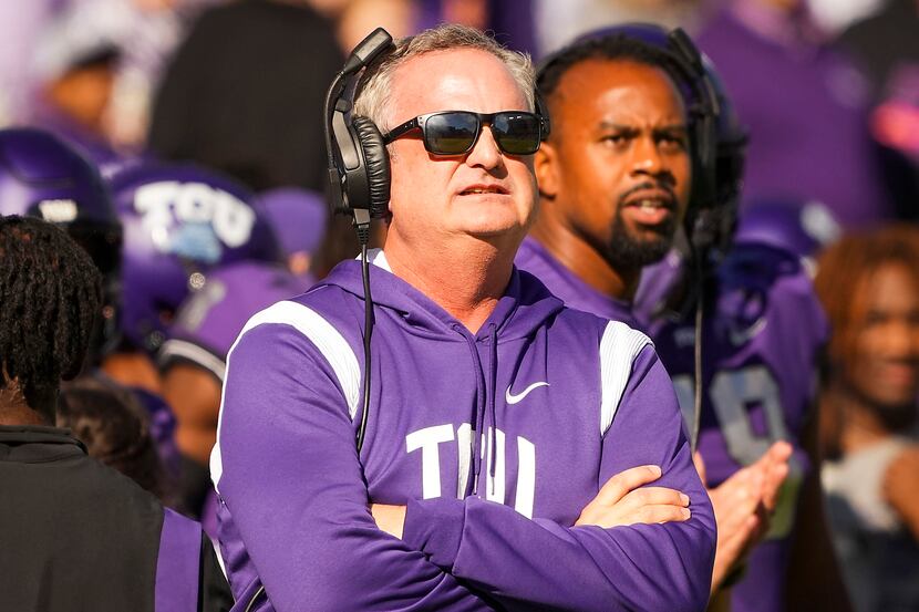 TCU head coach Sonny Dykes looks on from the sidelines during the first half of an NCAA...