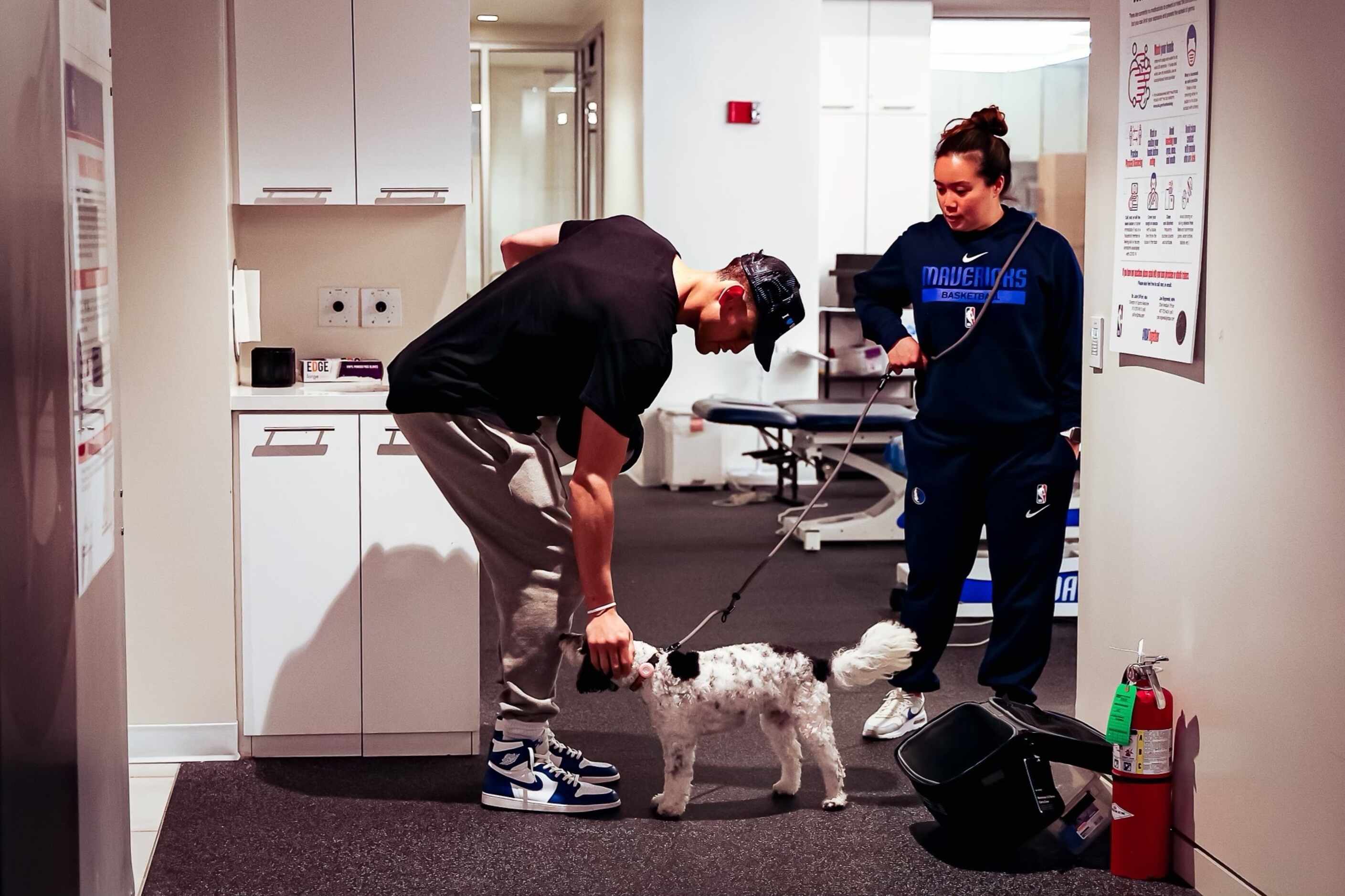 Mavericks center Dwight Powell pets emotional support dog Bailey, who lives with trainer...