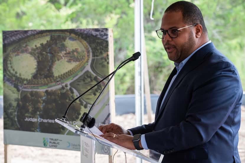 Dallas Mayor Eric Johnson speaks during a recent groundbreaking ceremony for the Judge...