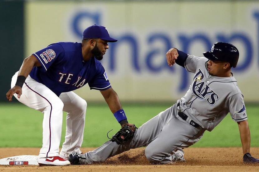 Texas Rangers infielder Elvis Andrus, left, applies the tag to catch the Tampa Bay Rays'...