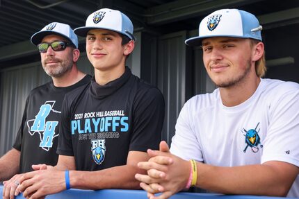 Varsity baseball coach Shaun Stanton, left, and players Brenner Cox, and Josh Livingston...