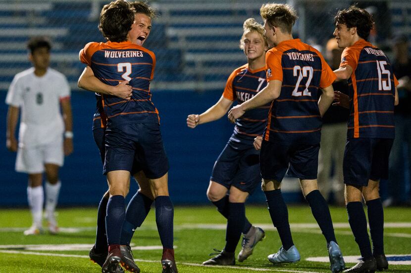 Frisco Wakeland forward Alex Wing (3) celebrates scoring a goal during the first half of a...