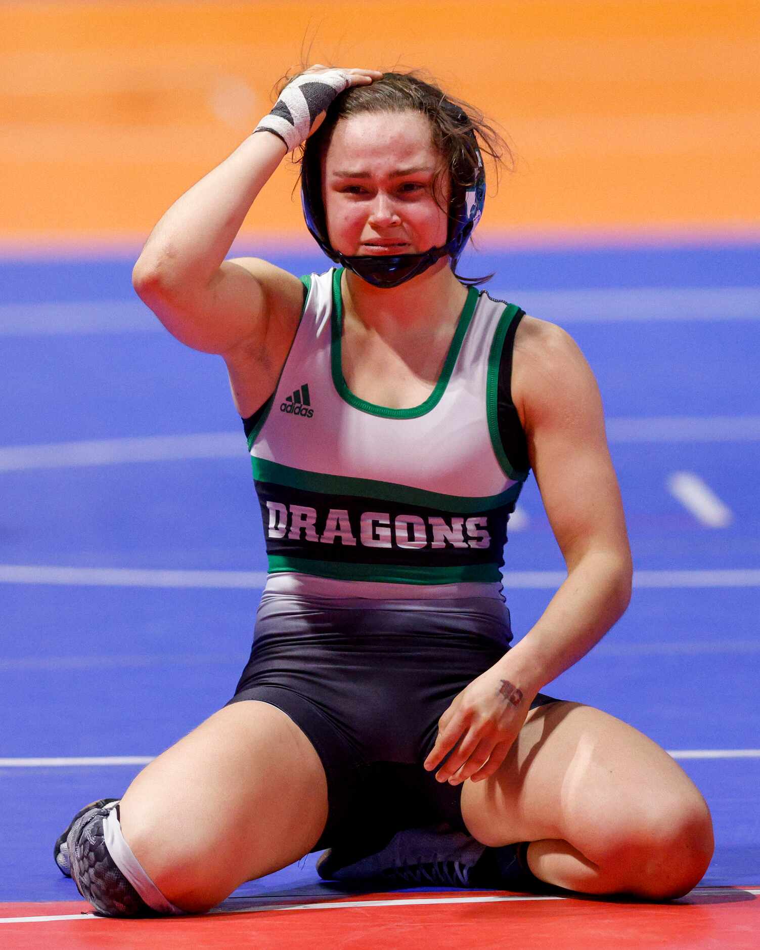 Rebecca Natvig of Southlake Carroll reacts after losing the third place match of the 6A...