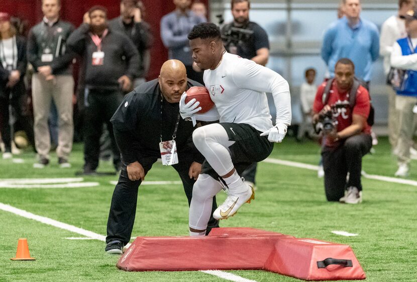 Alabama's Damien Harris works through individual drills at the Alabama NFL Pro Day, Tuesday,...