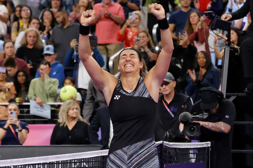 Caroline Garcia, of France, celebrates after defeating Aryna Sabalenka, of Belarus, in the...